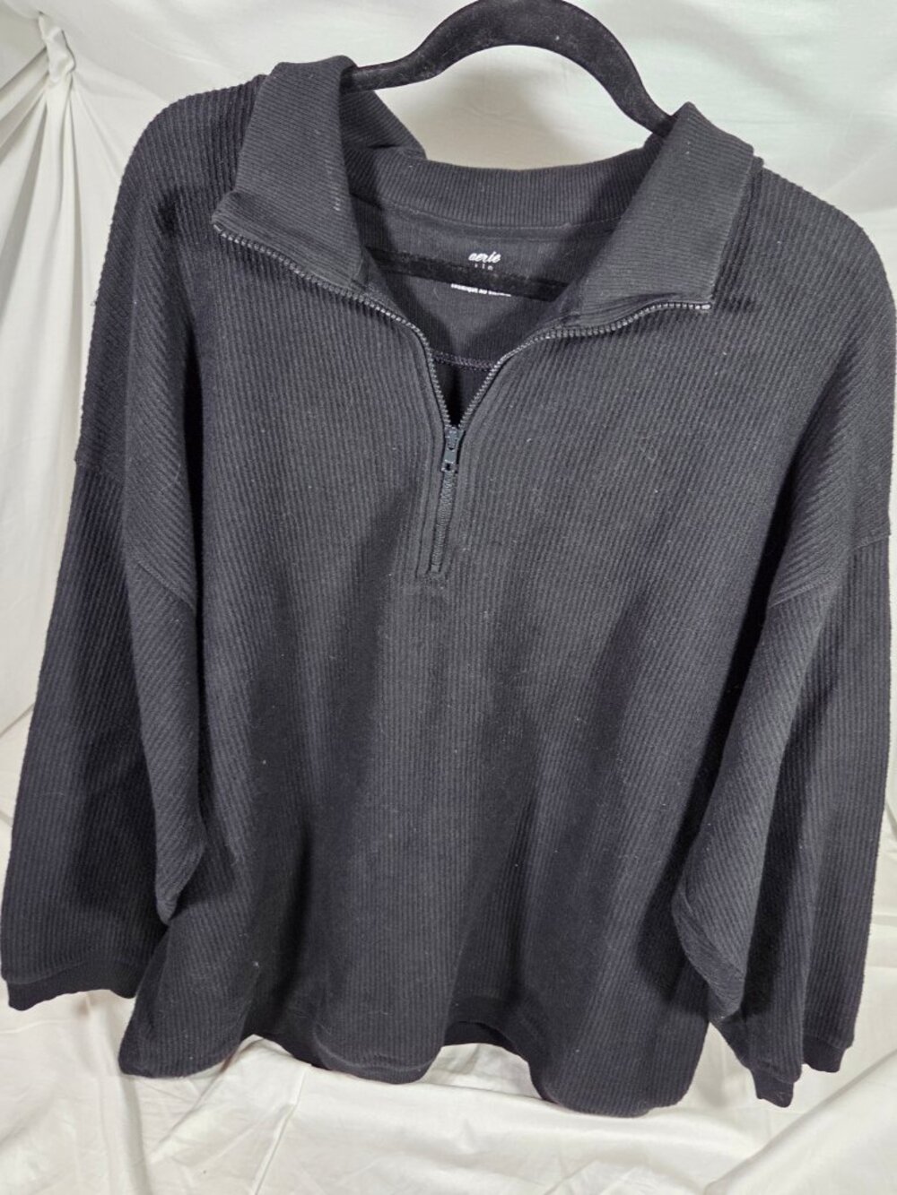 Aerie Black Ribbed Quarter Zip Slouchy Pullover Sweater L